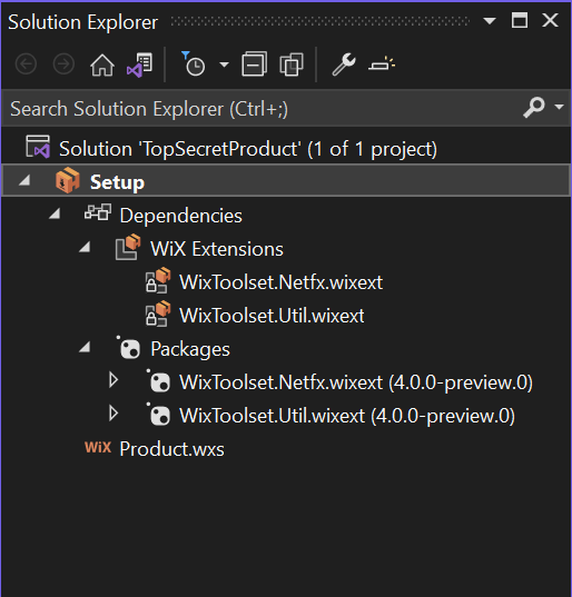 HeatWave .wixproj Dependencies node showing WiX extensions