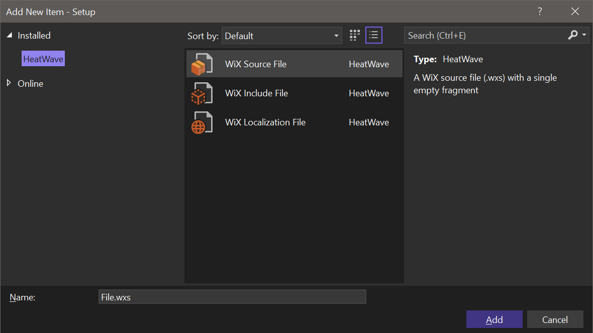 HeatWave templates in new item window